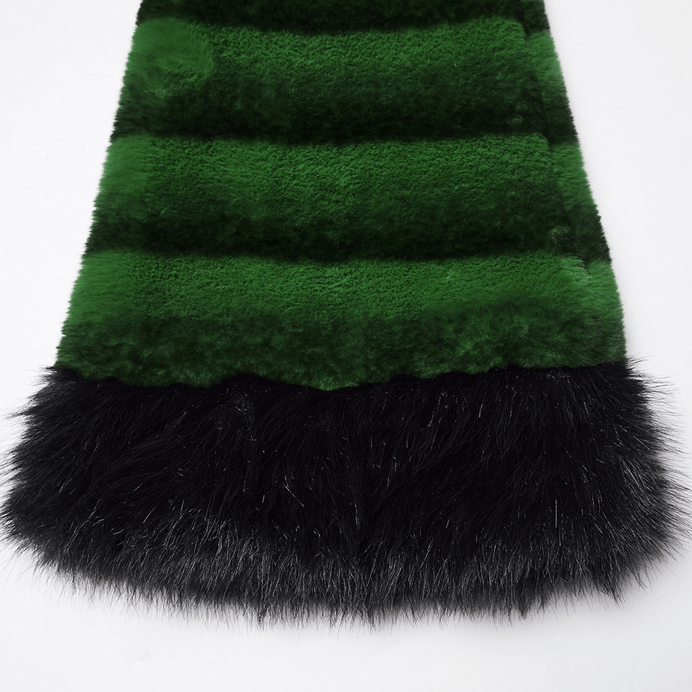 Punk Ultra-Soft Fur Leg Warmers with Striped Design featuring green and black stripes, soft faux fur, and a fluffy hem.