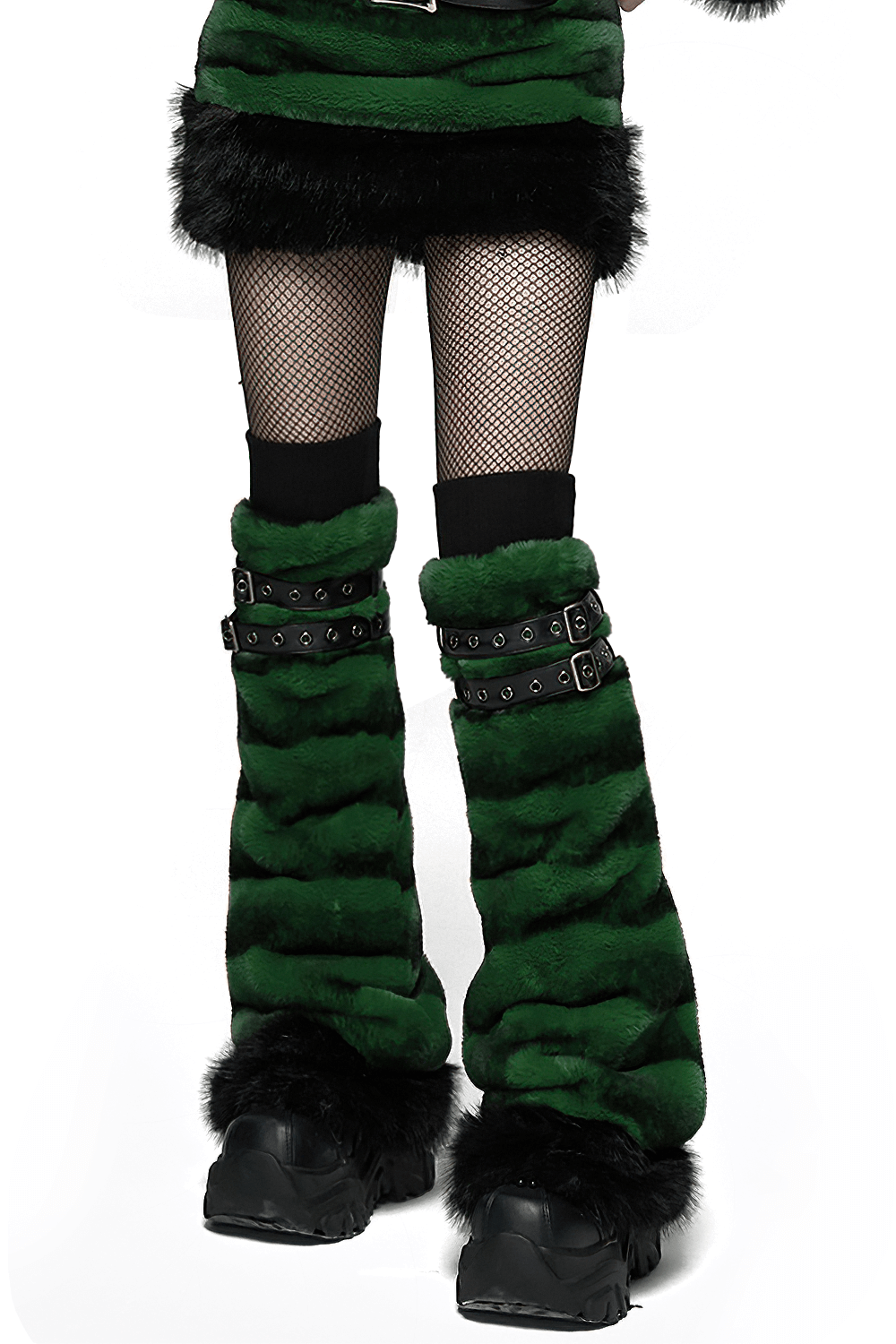 Punk Ultra-Soft Fur Leg Warmers with Striped Design in gothic green and black for edgy festival style.