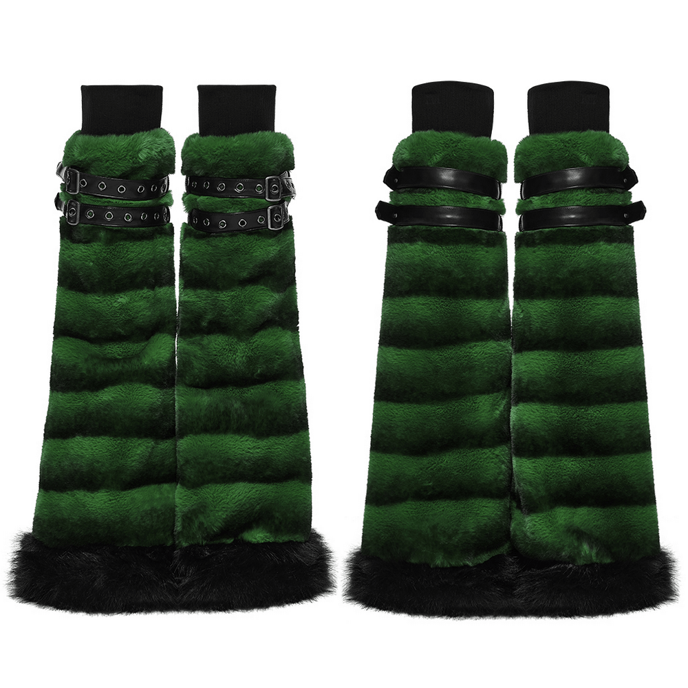 Punk Ultra-Soft Fur Leg Warmers with Striped Design in gothic green and black, featuring adjustable straps and fluffy textures.