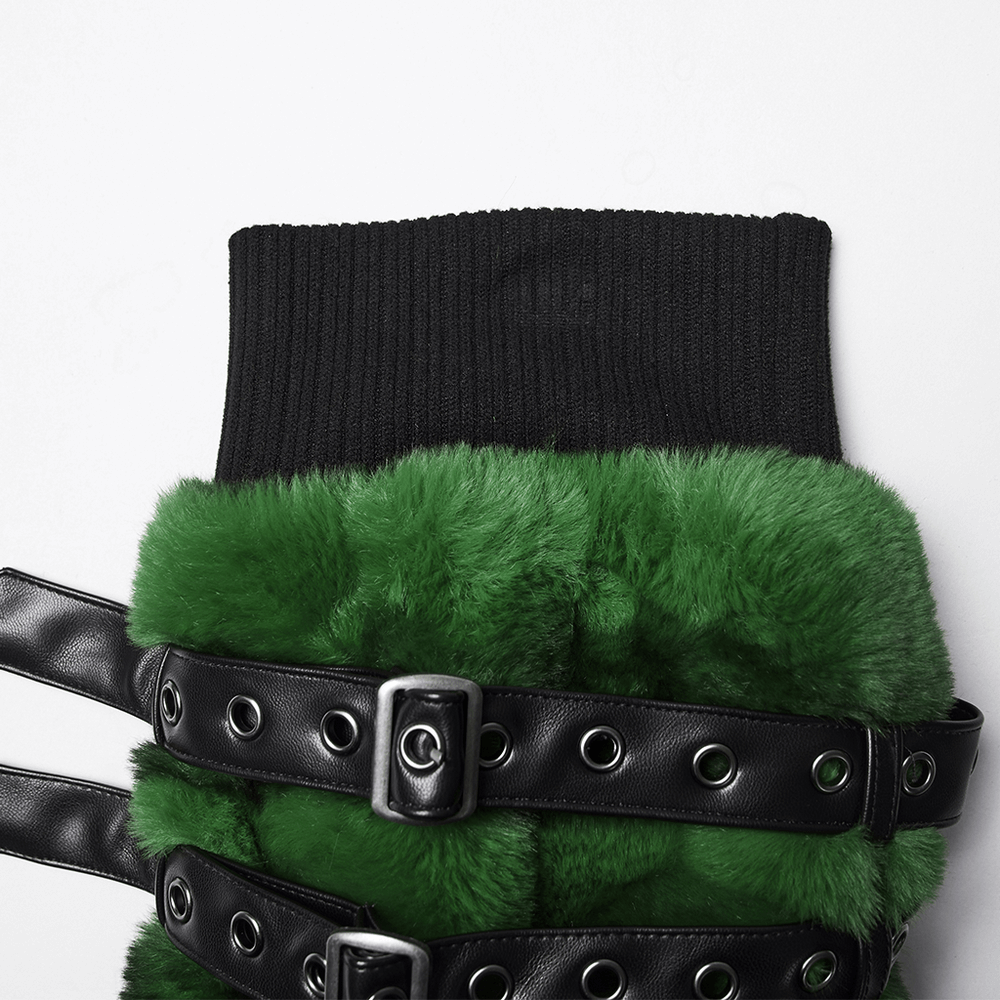 Punk Ultra-Soft Fur Leg Warmers with Striped Design featuring green faux fur and adjustable black straps.