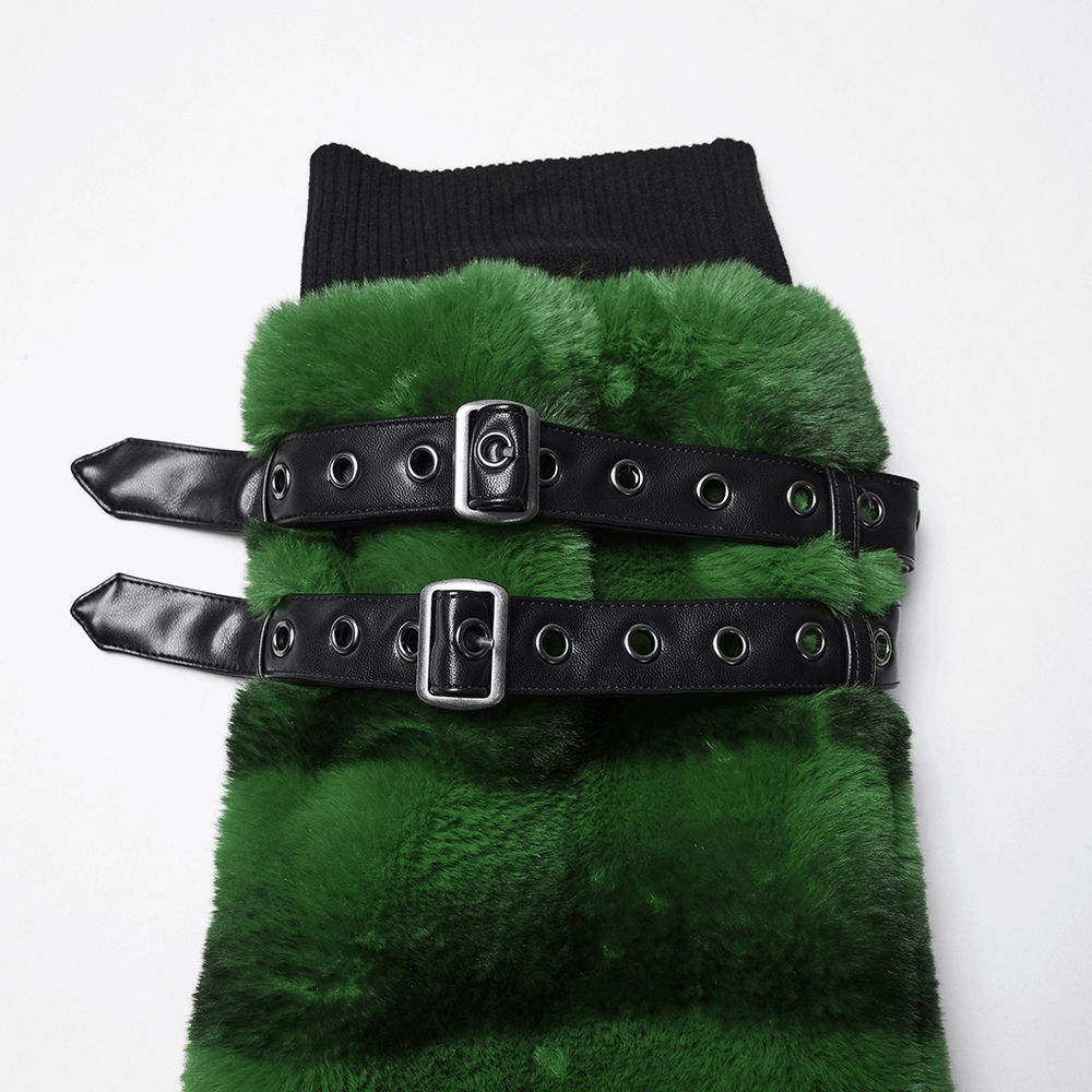 Punk Ultra-Soft Fur Leg Warmers with Striped Design showcasing adjustable black straps on green faux fur.
