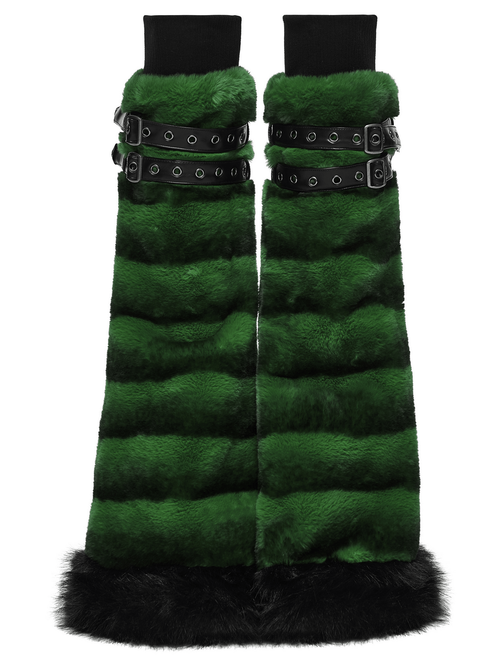 Punk Ultra-Soft Fur Leg Warmers with Striped Design in gothic green and black faux fur with adjustable straps.