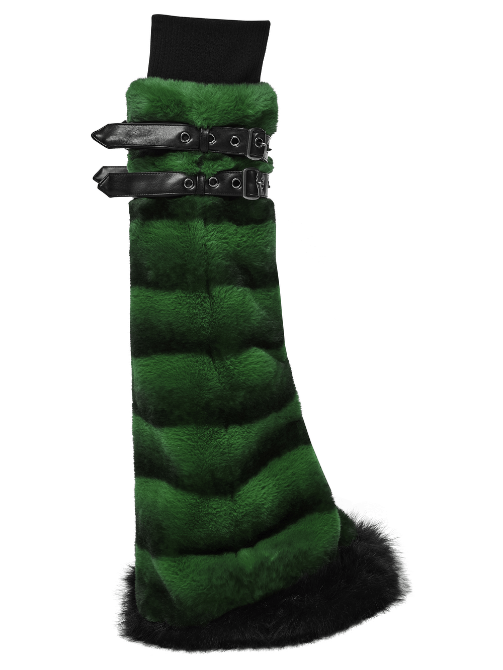 Punk Ultra-Soft Fur Leg Warmers with Striped Design in green and black faux fur for a bold gothic style.