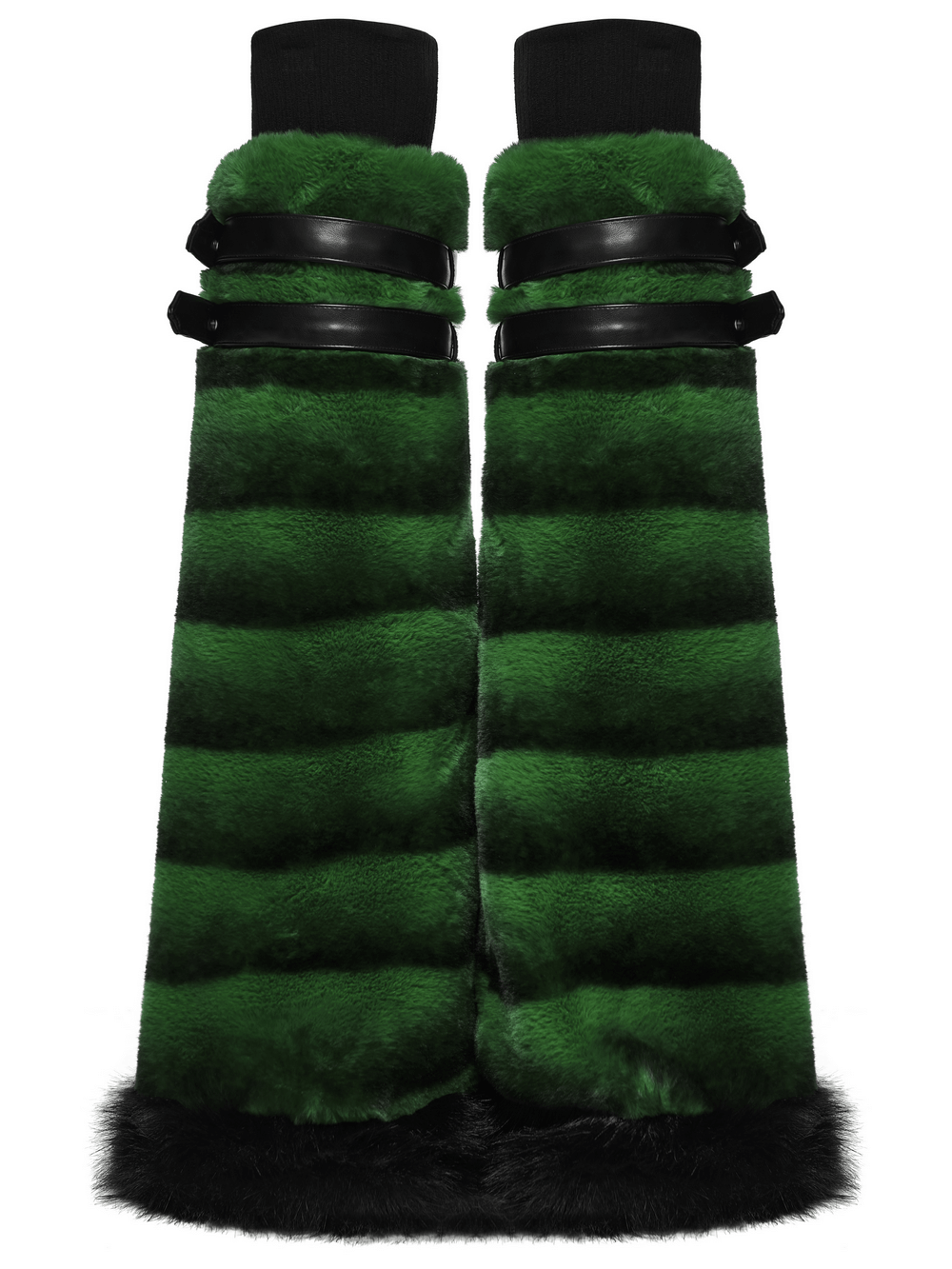 Punk Ultra-Soft Fur Leg Warmers with Striped Design in green and black, featuring adjustable double loops and fluffy texture.