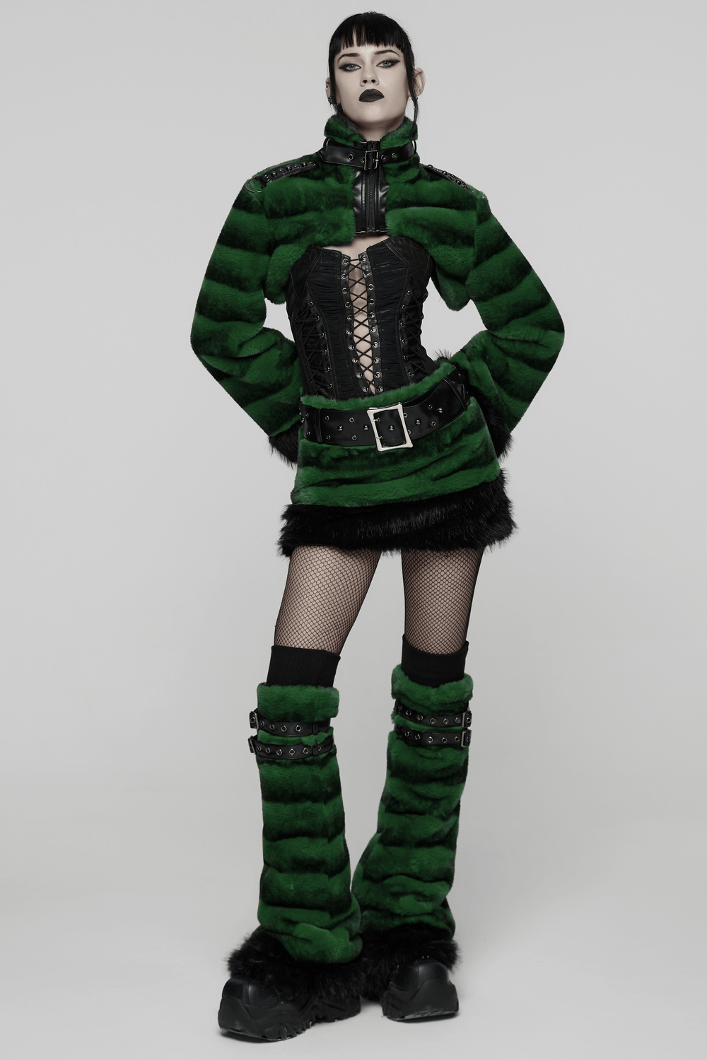 Punk Ultra-Soft Fur Leg Warmers with Striped Design paired with a gothic outfit, showcasing unique green and black stripes.