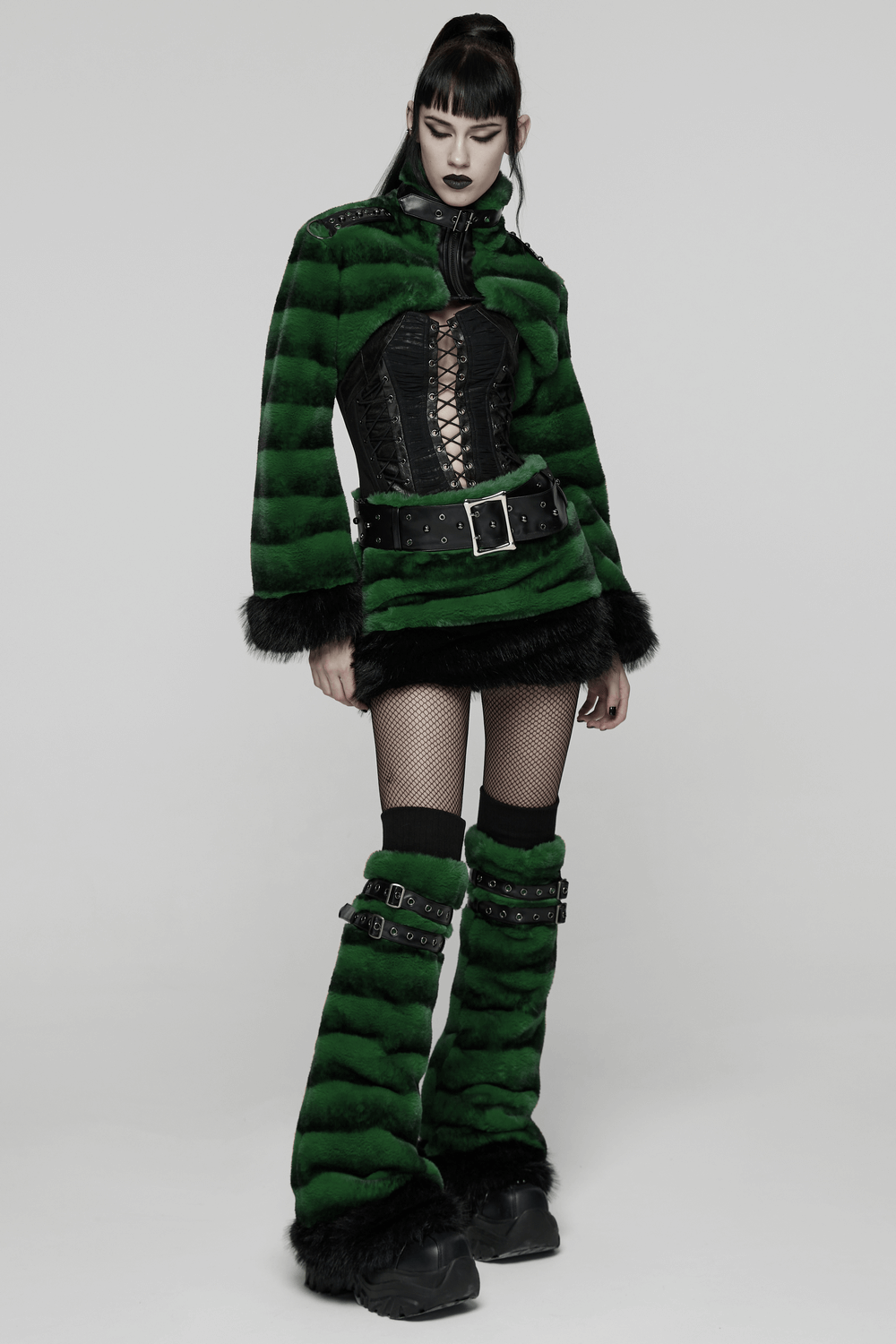 Punk Ultra-Soft Fur Leg Warmers with Striped Design worn with matching striped outfit and edgy accessories, showcasing gothic style.