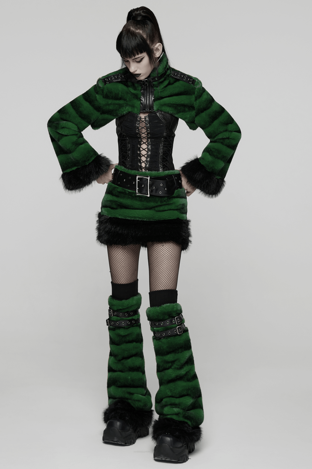 Punk Ultra-Soft Fur Leg Warmers with Striped Design paired with a gothic green and black outfit, perfect for raves.