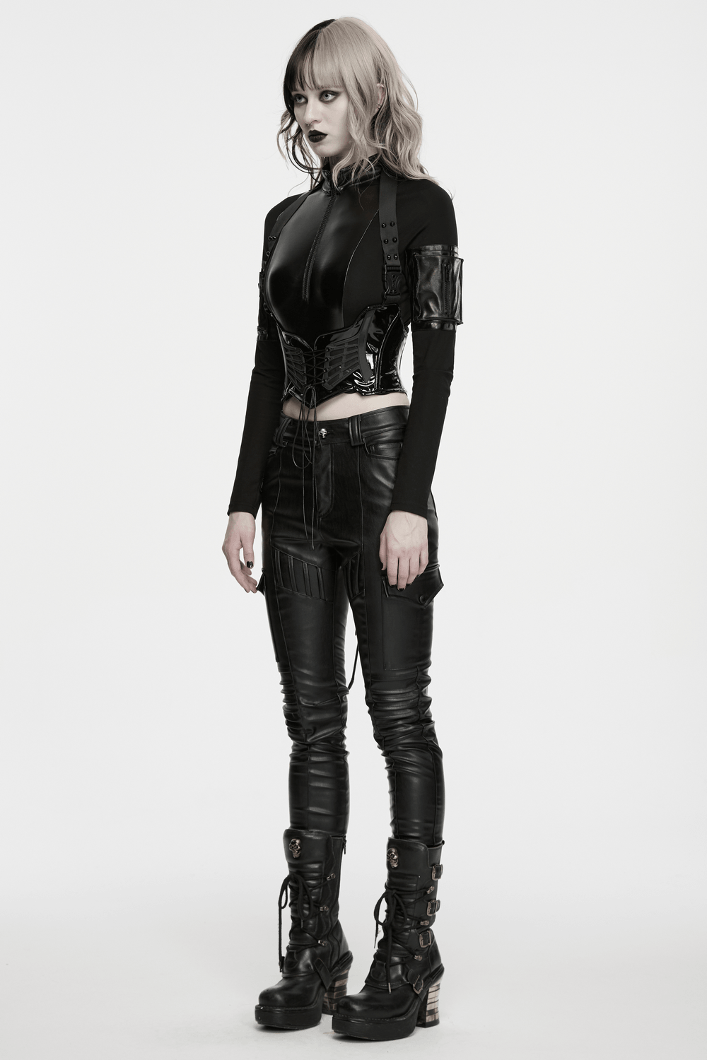 Punk Underbust Corset with Adjustable Straps for Women worn by model with edgy style and glossy leather pants.