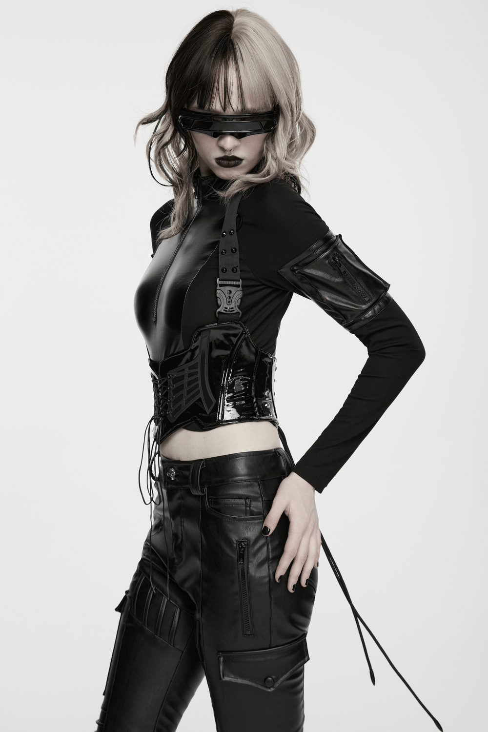 Punk Underbust Corset with Adjustable Straps for Women showcased in edgy black outfit and stylish accessories.