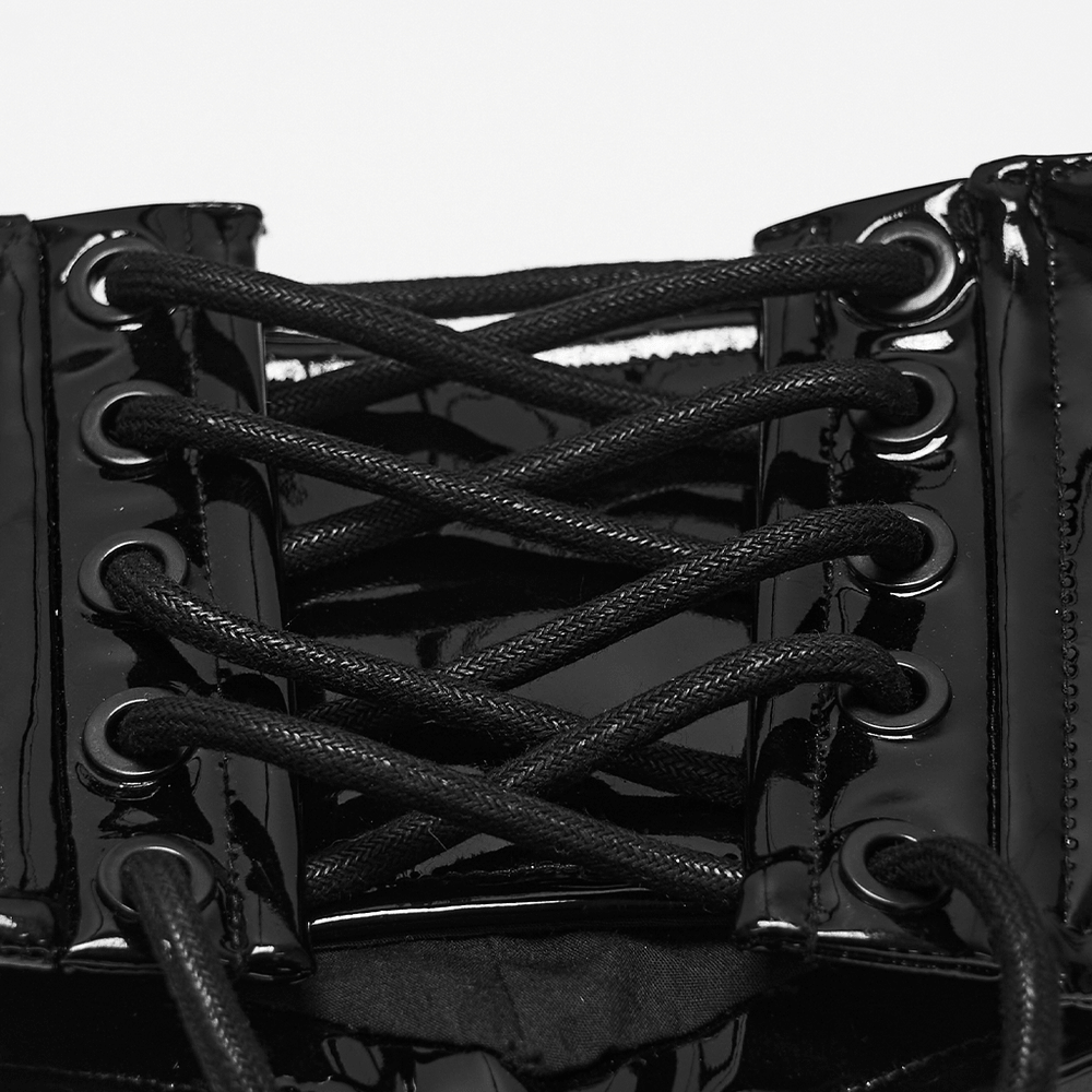 Punk Underbust Corset with Adjustable Straps for Women lace-up design close-up in glossy black.