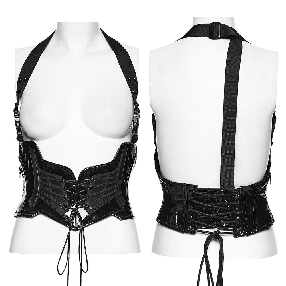 Punk Underbust Corset with Adjustable Straps for Women showcasing glossy black leather and unique lace-up design.