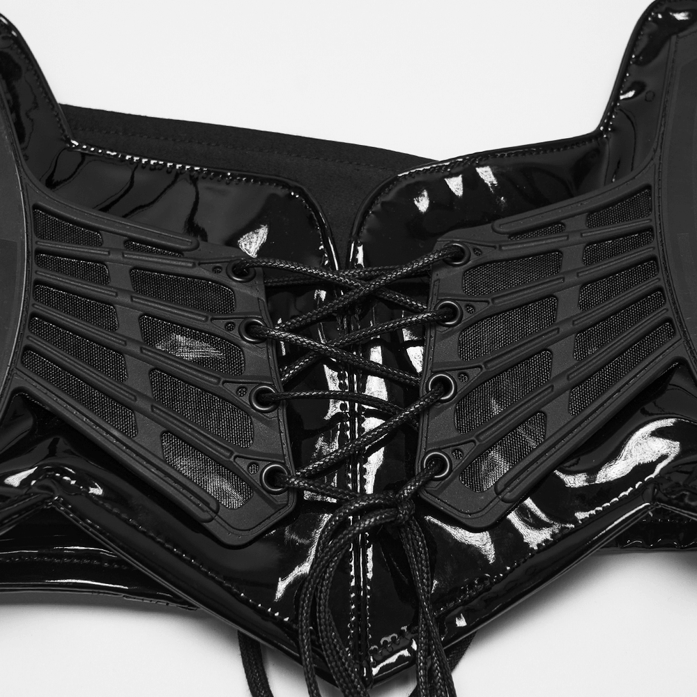 Punk Underbust Corset with Adjustable Straps for Women featuring glossy leather lace design and adjustable drawstrings.