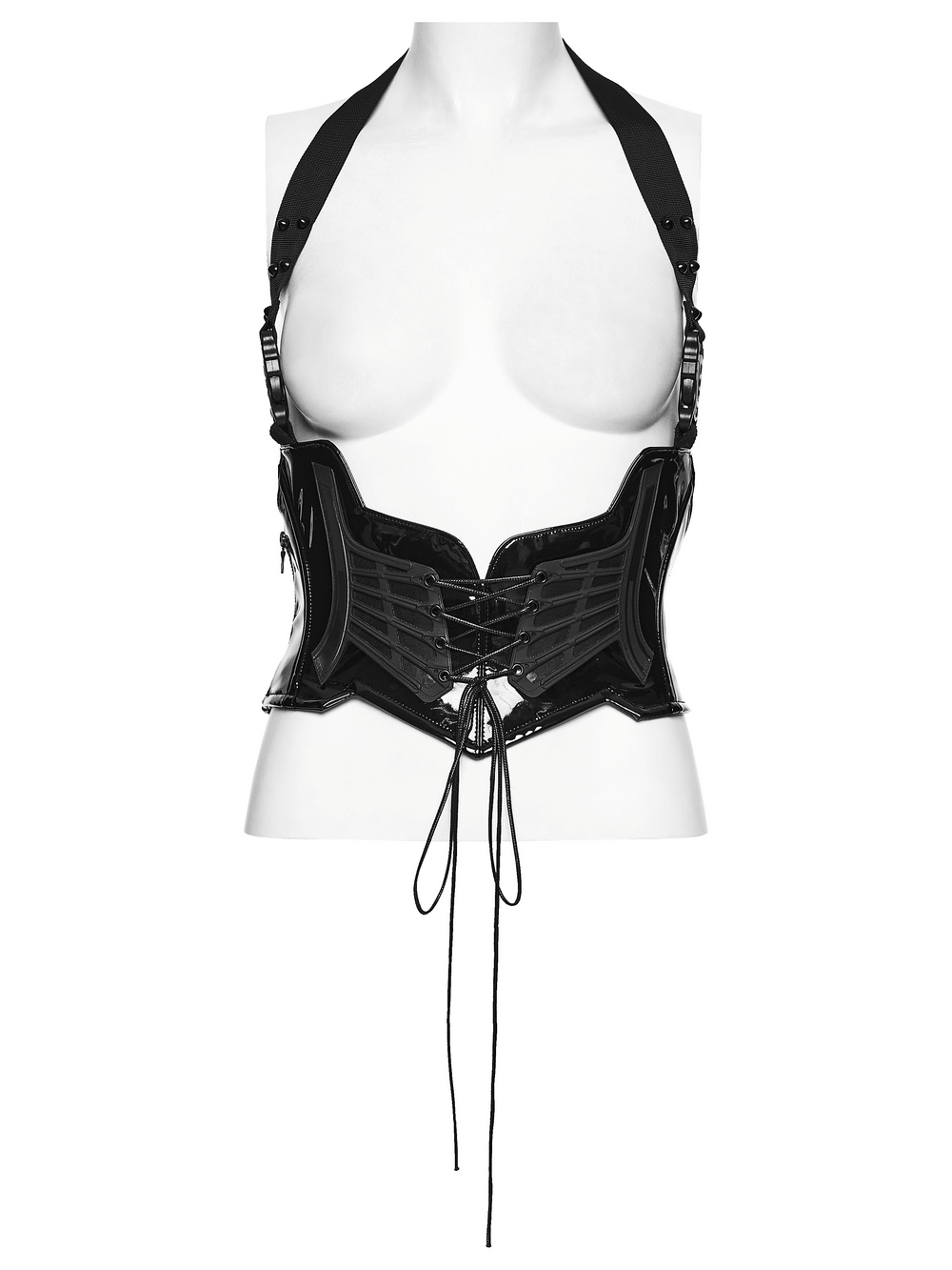 Punk Underbust Corset with Adjustable Straps for Women displayed on a mannequin, showcasing glossy leather design.