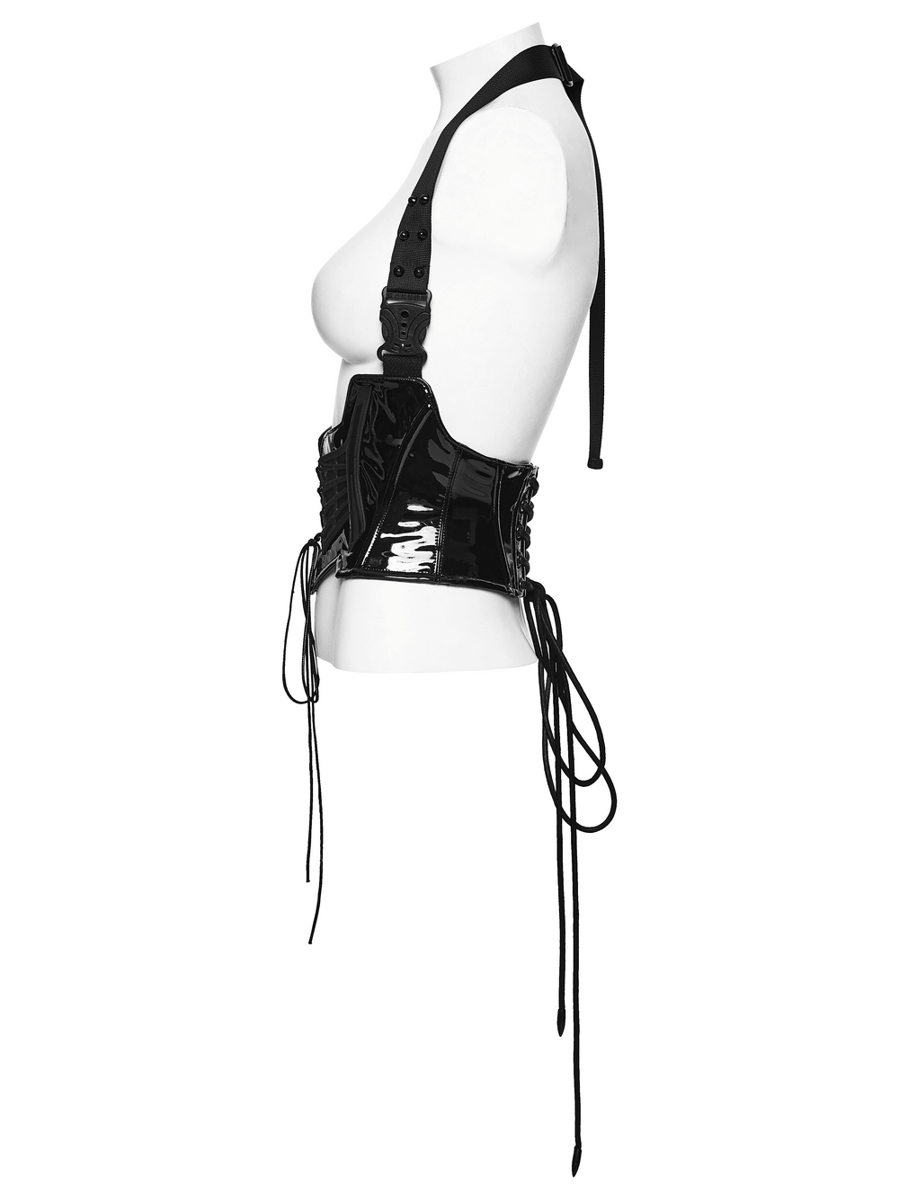 Punk Underbust Corset with Adjustable Straps for Women featured on a dress form, showcasing glossy leather lace design.