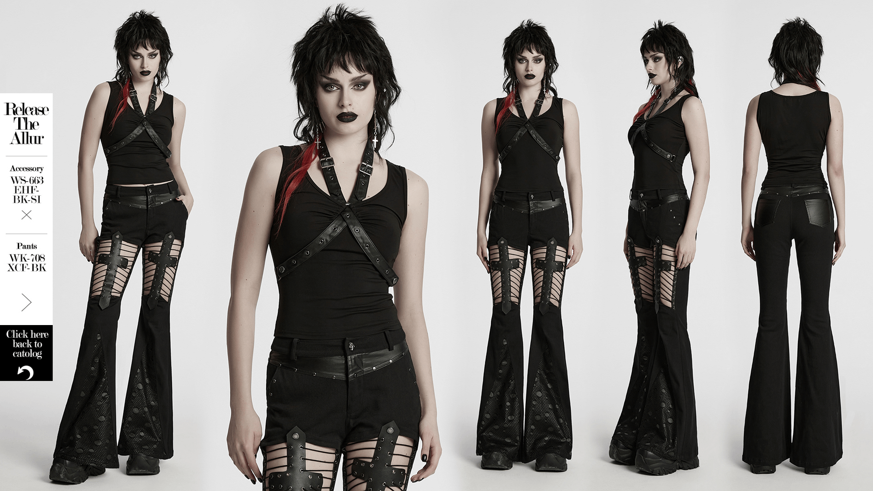 Punk V-neck tank top with faux leather straps, styled with edgy flare pants and bold makeup, showcasing a rebellious look.