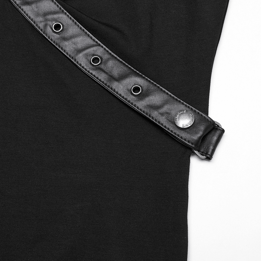 Close-up of the Punk V-neck tank top showcasing faux leather straps and alloy buckle detail.