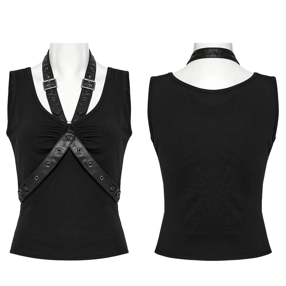Punk V-neck tank top showcasing detachable faux leather straps and a hollow alloy buckle for a bold style.