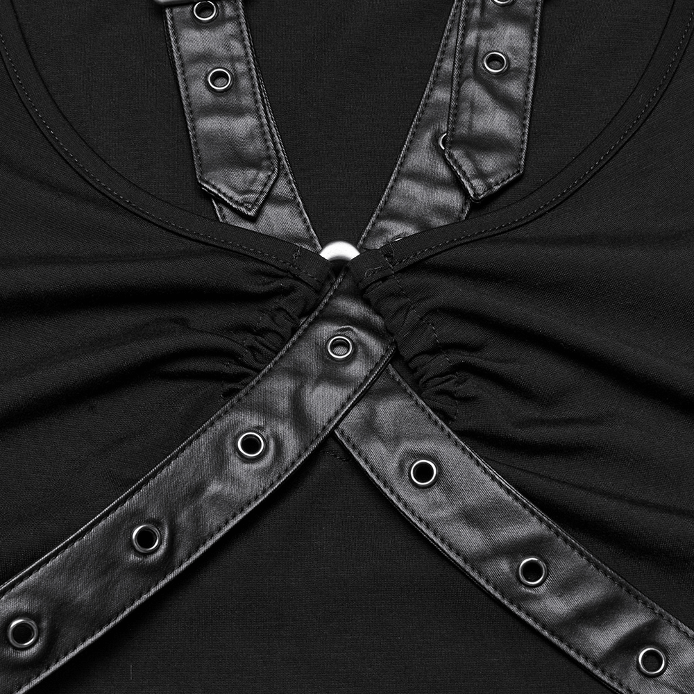 Close-up of Punk V-neck tank top featuring faux leather straps and alloy buckle detailing for a bold look.