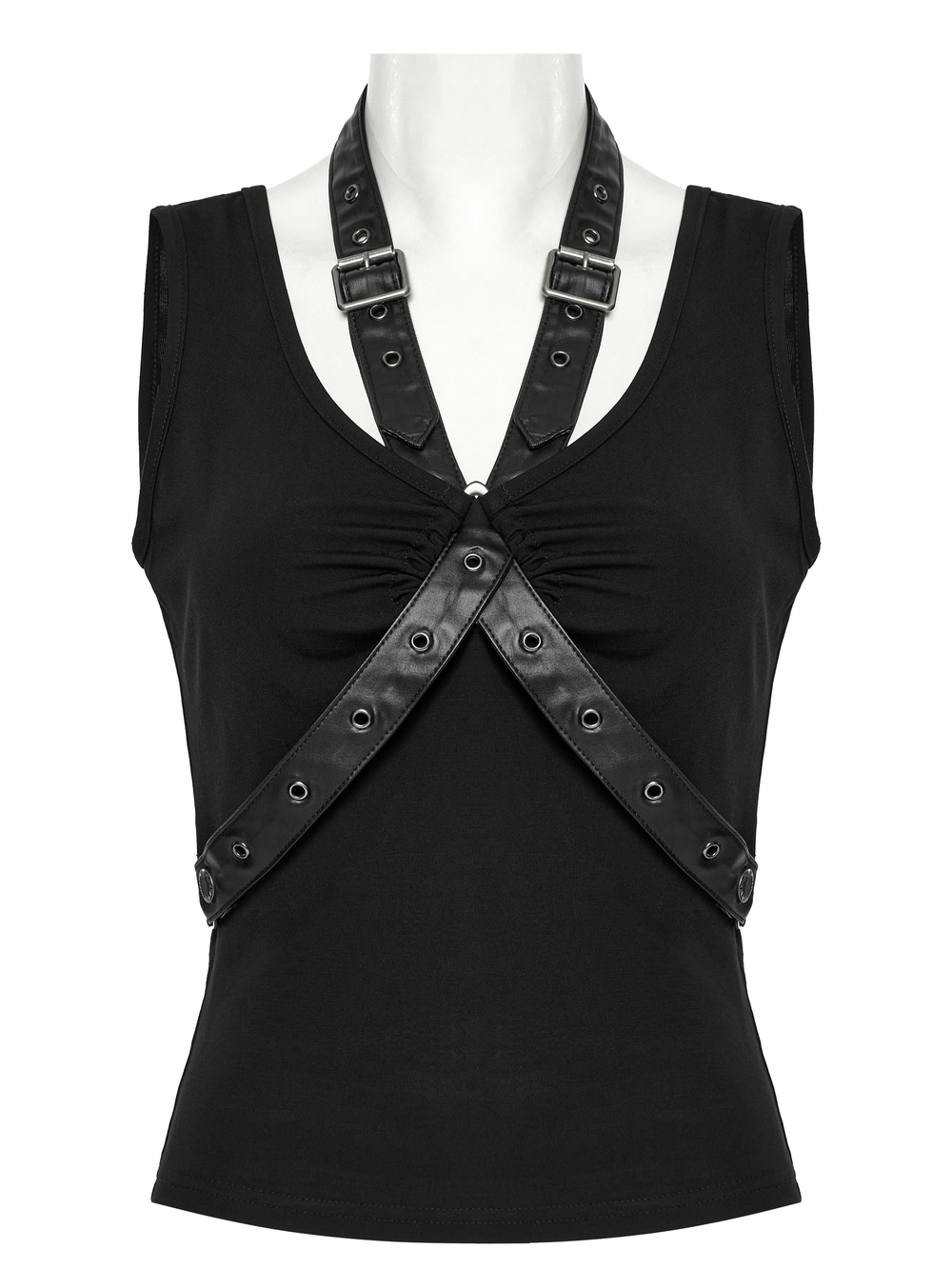 Edgy black V-neck tank top with detachable faux leather cross straps and alloy buckles for a punk style.