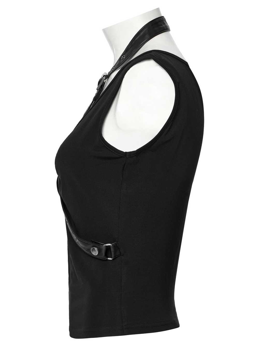 Punk V-neck tank top with faux leather straps and alloy buckle, showcasing edgy street style.
