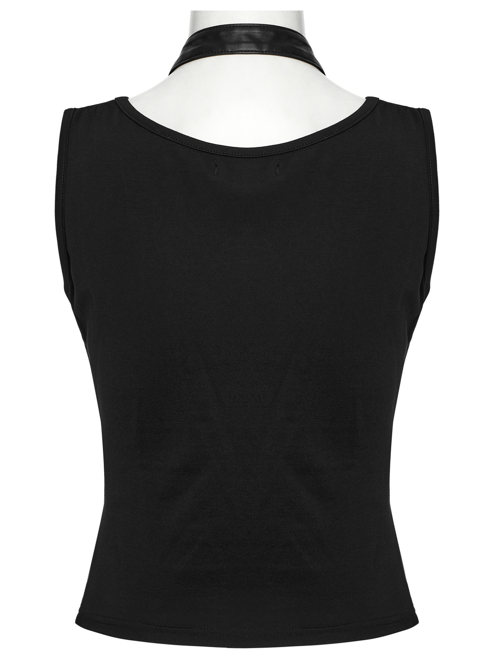 Back view of the Punk V-neck tank top with faux leather straps, showcasing its stylish and edgy design.