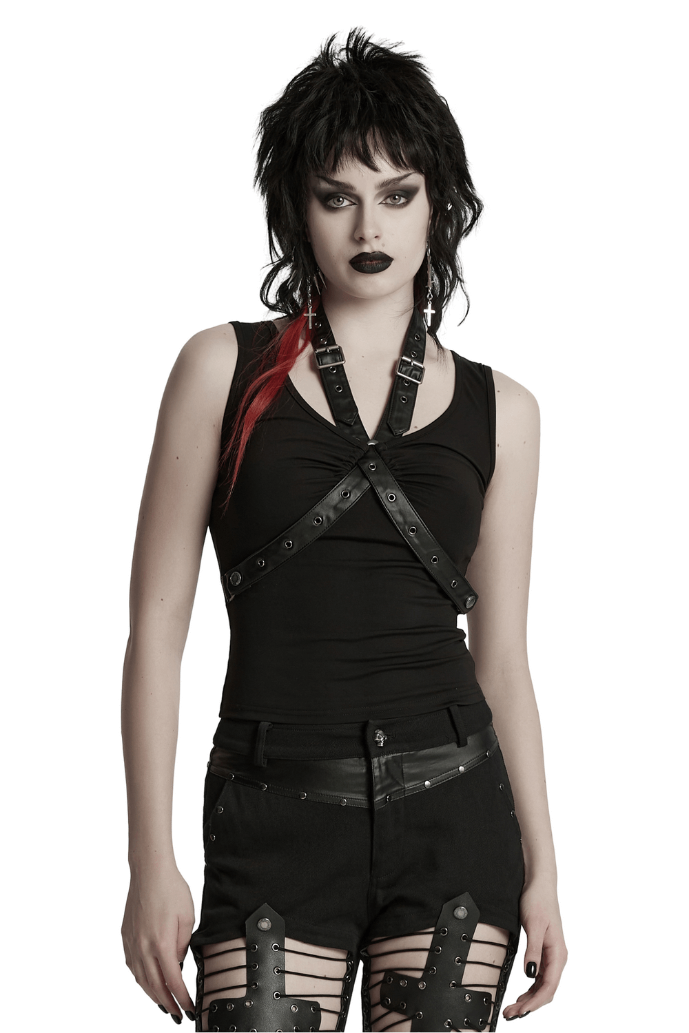 Punk V-neck tank top with faux leather straps, showcasing edgy style and alloy buckle detail in a bold black outfit.