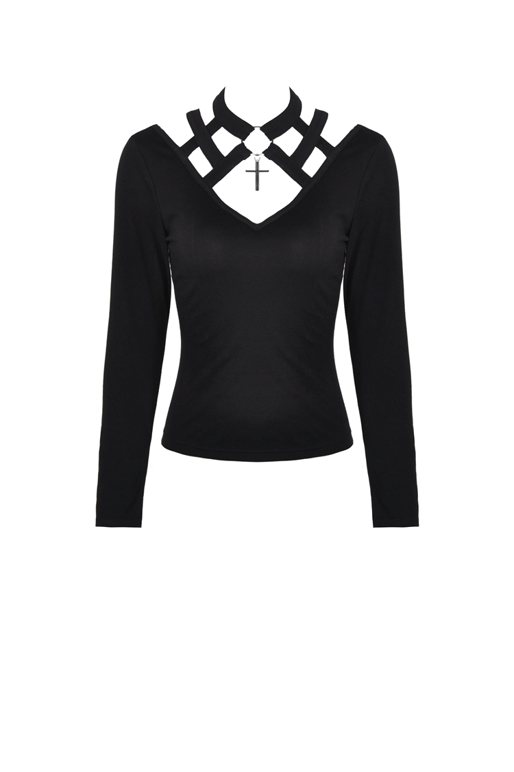 Gothic black long-sleeve top with v-neck and metal cross design, perfect for edgy fashion lovers.