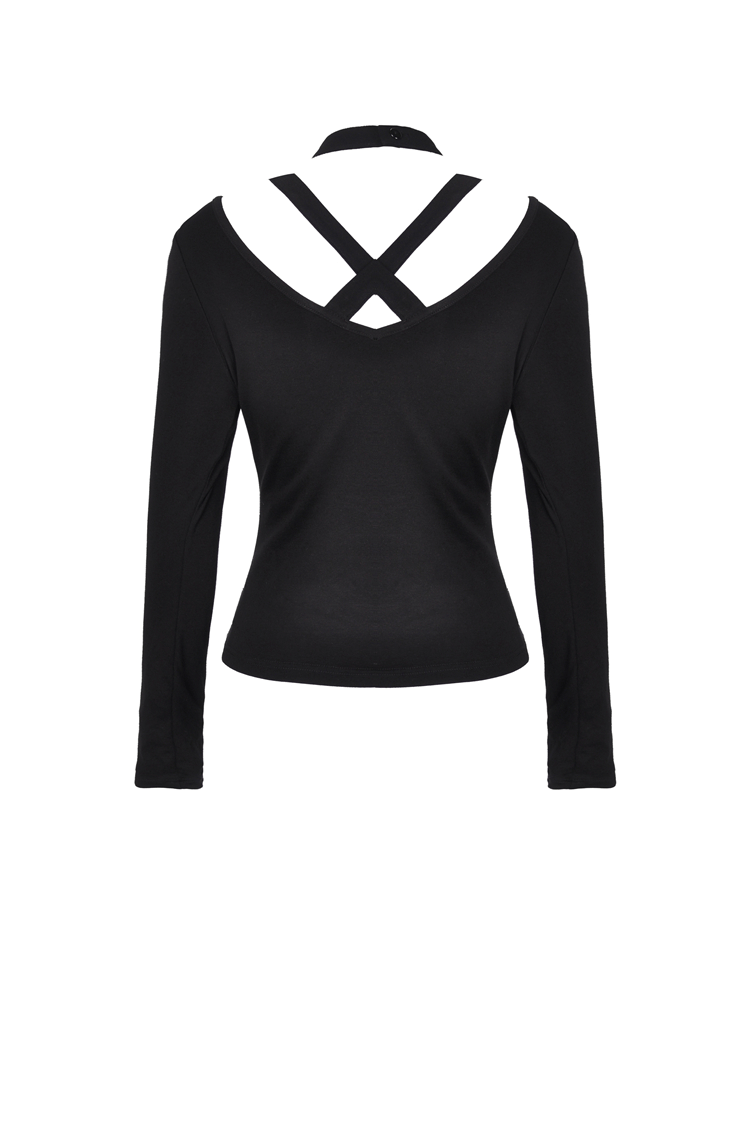 Back view of a black long-sleeve top with a unique v-cut and crisscross detailing for a chic gothic look.