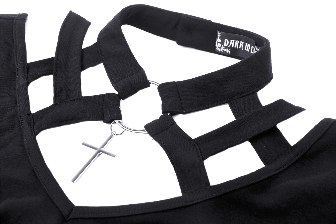Edgy black v-neck top featuring goth straps and silver metal cross for a stylish punk look.