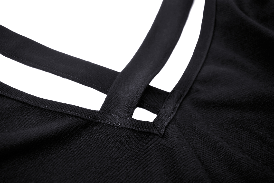 Close-up of the v-neck detail on a black long sleeve gothic top with hollow-out design.