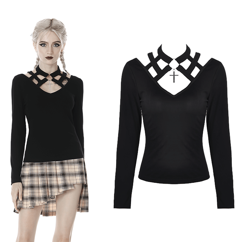 Gothic black long-sleeve top with metal cross design and unique v-neck cut, perfect for edgy fashion lovers.
