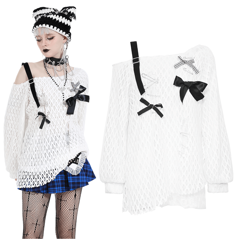 Punk White Knitted Sweater with Safety Pins and Bows