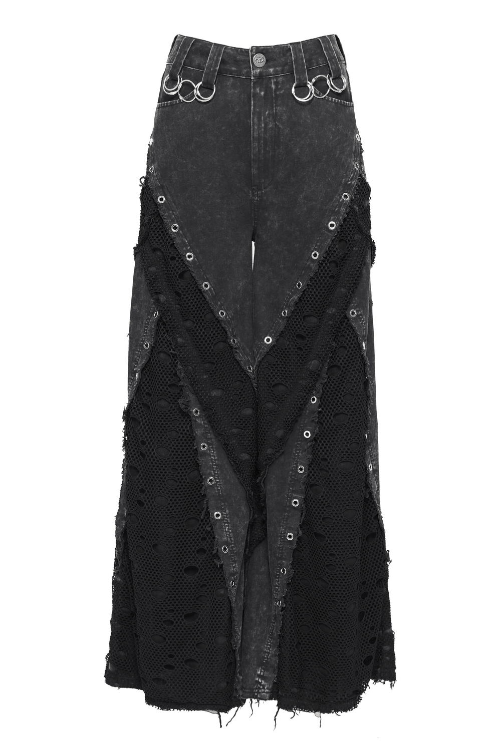 Punk Wide Leg Jeans with Distressed Mesh Panels featuring eyelet ring details and raw edge trims.