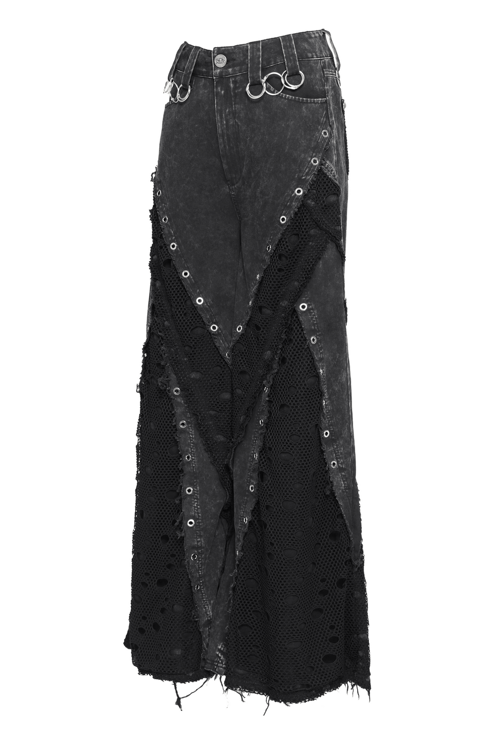 Punk Wide Leg Jeans with Distressed Mesh Panels featuring eyelet ring details and raw edge trims.
