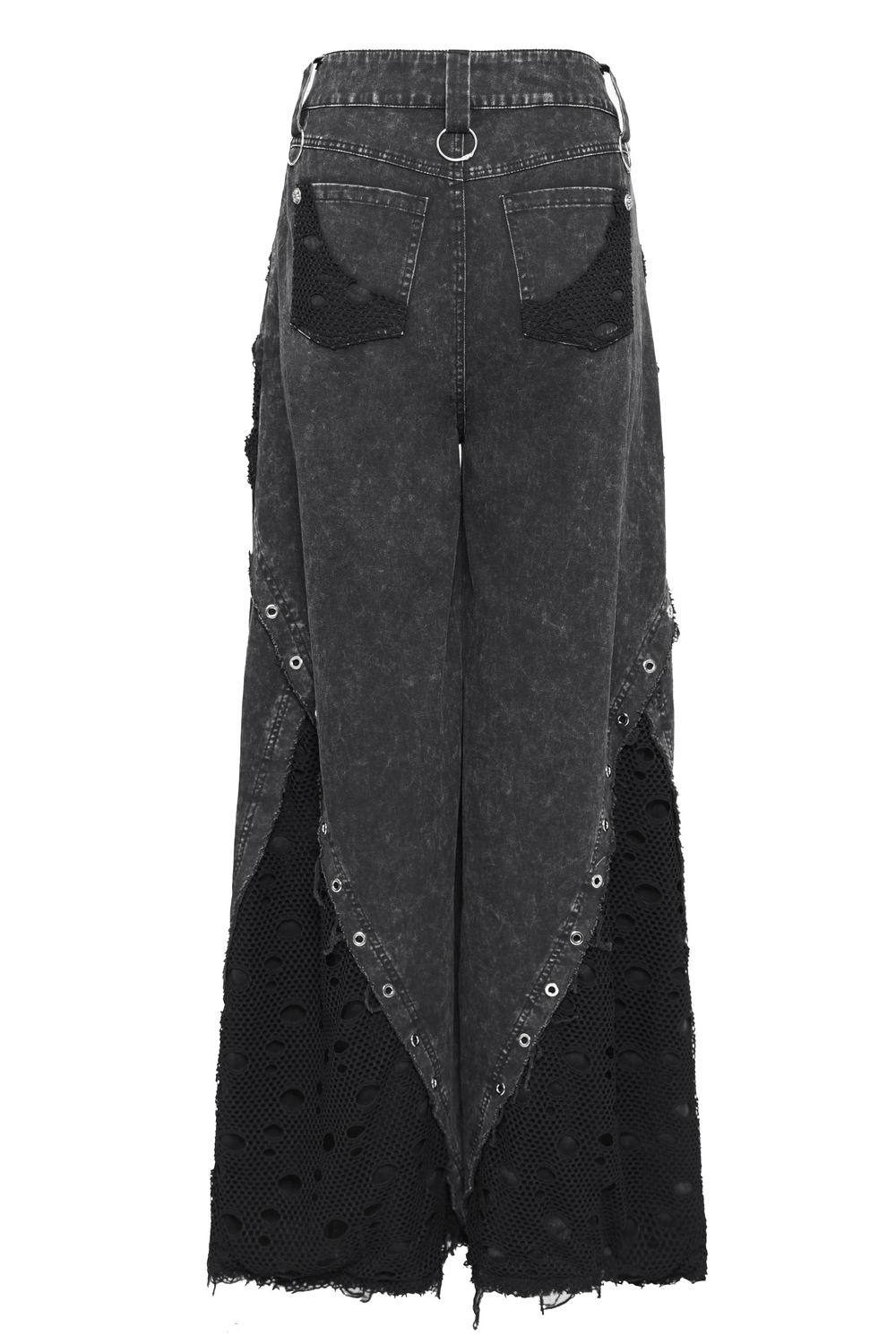 Punk Wide Leg Jeans with Distressed Mesh Panels showcasing raw edges and eyelet ring details.