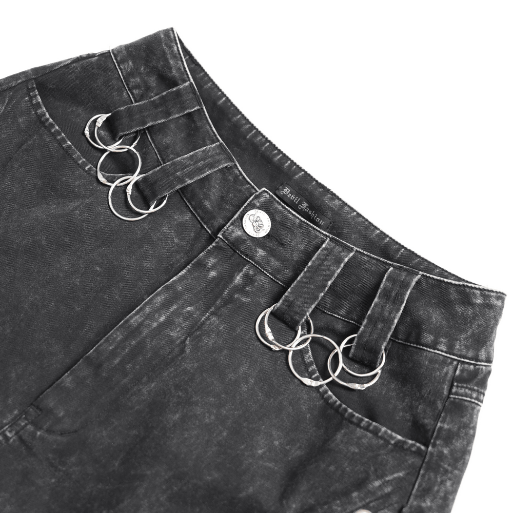 Punk Wide Leg Jeans with Distressed Mesh Panels showcasing eyelet ring details and raw edge trims.
