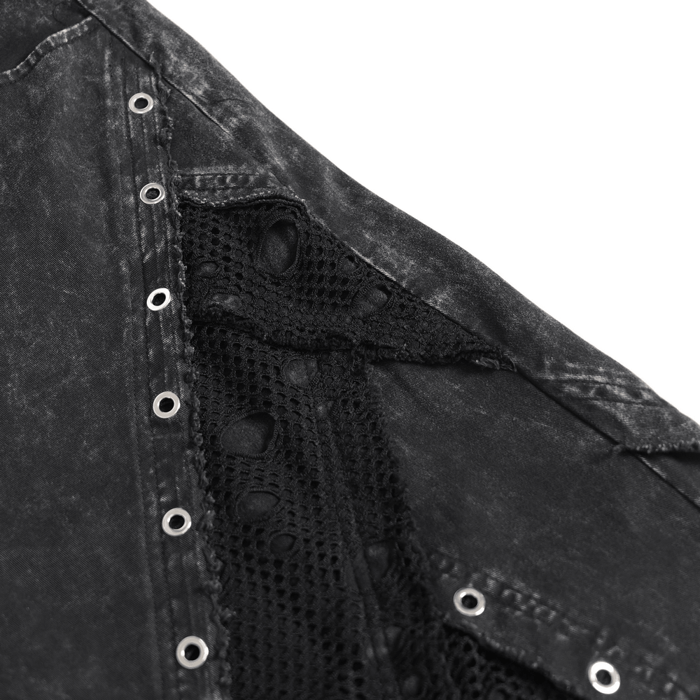 Close-up of Punk Wide Leg Jeans with Distressed Mesh Panels showcasing eyelet ring details and black denim texture.