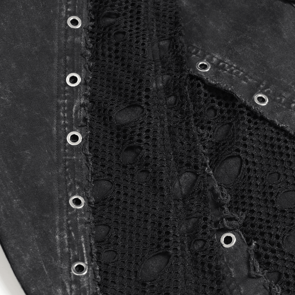 Close-up of Punk Wide Leg Jeans with Distressed Mesh Panels featuring eyelet ring details and raw edge trims.