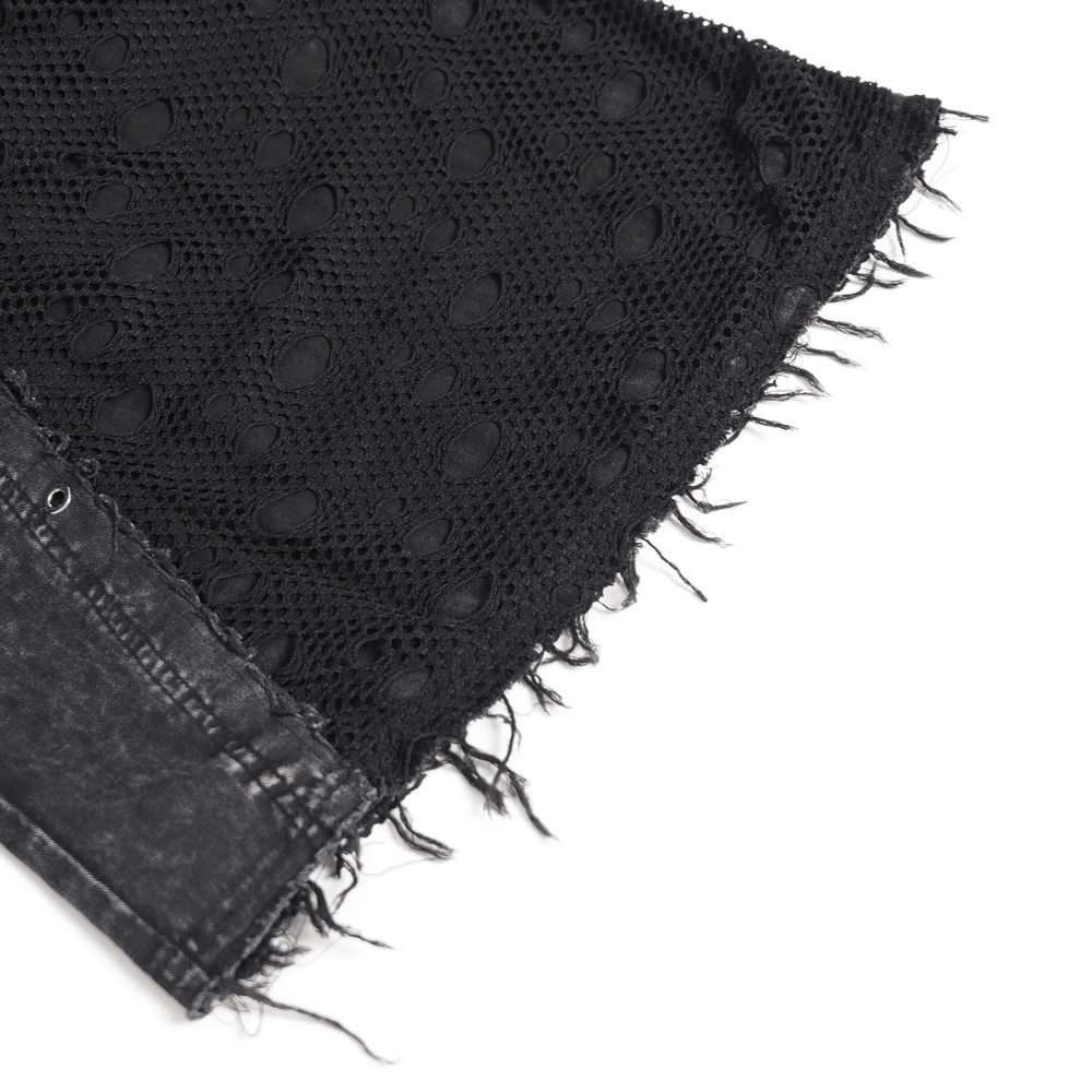 Punk Wide Leg Jeans with Distressed Mesh Panels showcasing raw edge trims and mesh details.