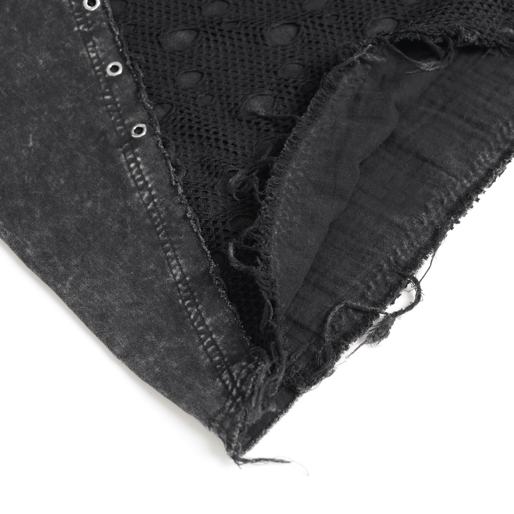 Close-up of distressed mesh panel and eyelet ring details on Punk Wide Leg Jeans with Distressed Mesh Panels.