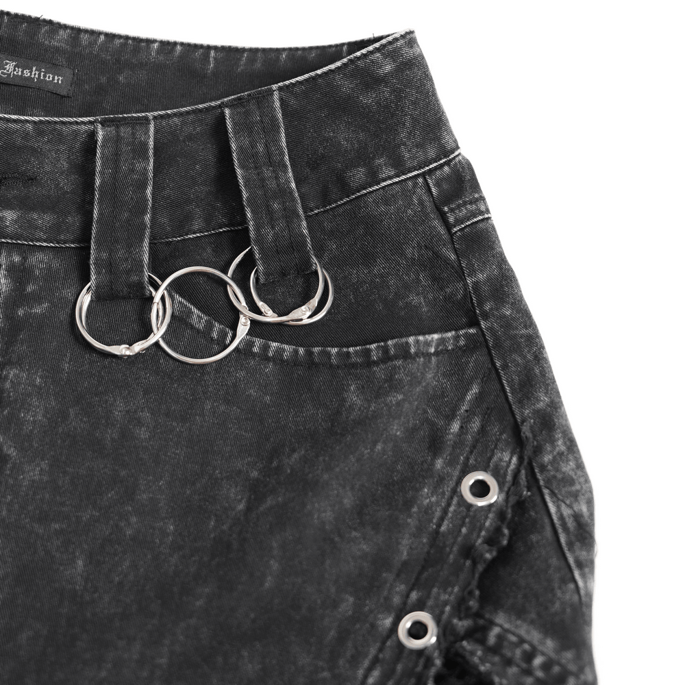 Punk Wide Leg Jeans with Distressed Mesh Panels showcasing eyelet ring details and textured washed black denim.