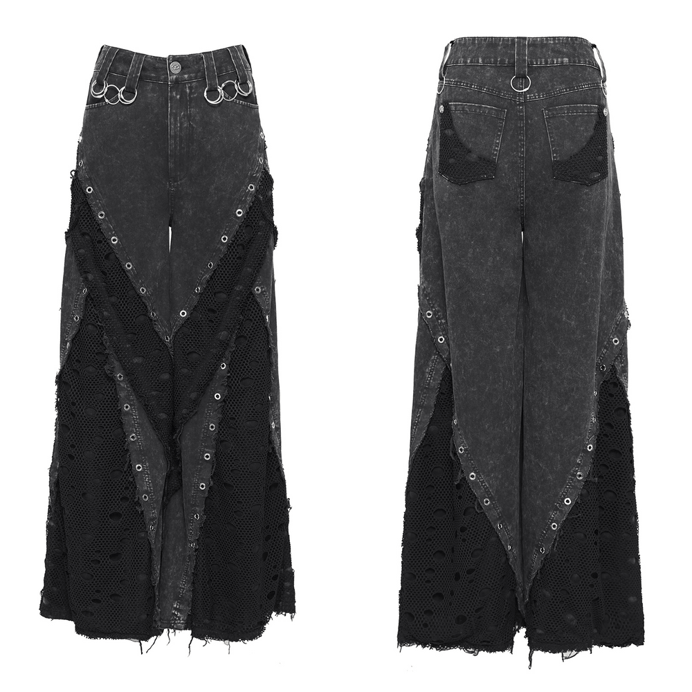 Punk Wide Leg Jeans with Distressed Mesh Panels showcasing a gothic denim style and eyelet ring details.