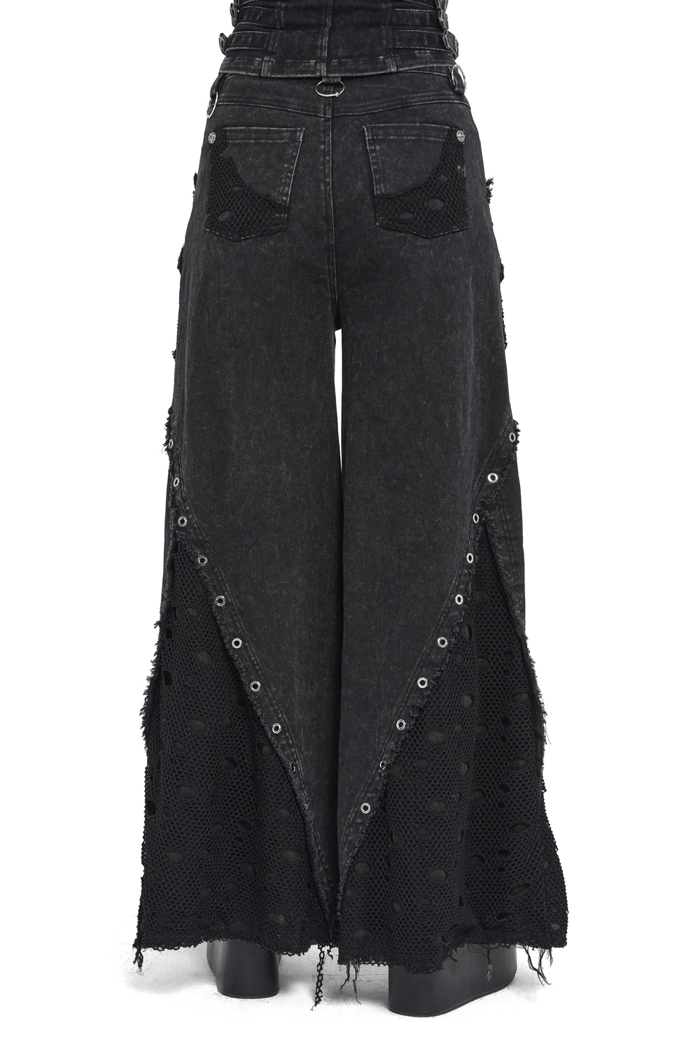 Punk Wide Leg Jeans with Distressed Mesh Panels featuring eyelet details and a raw edge design.