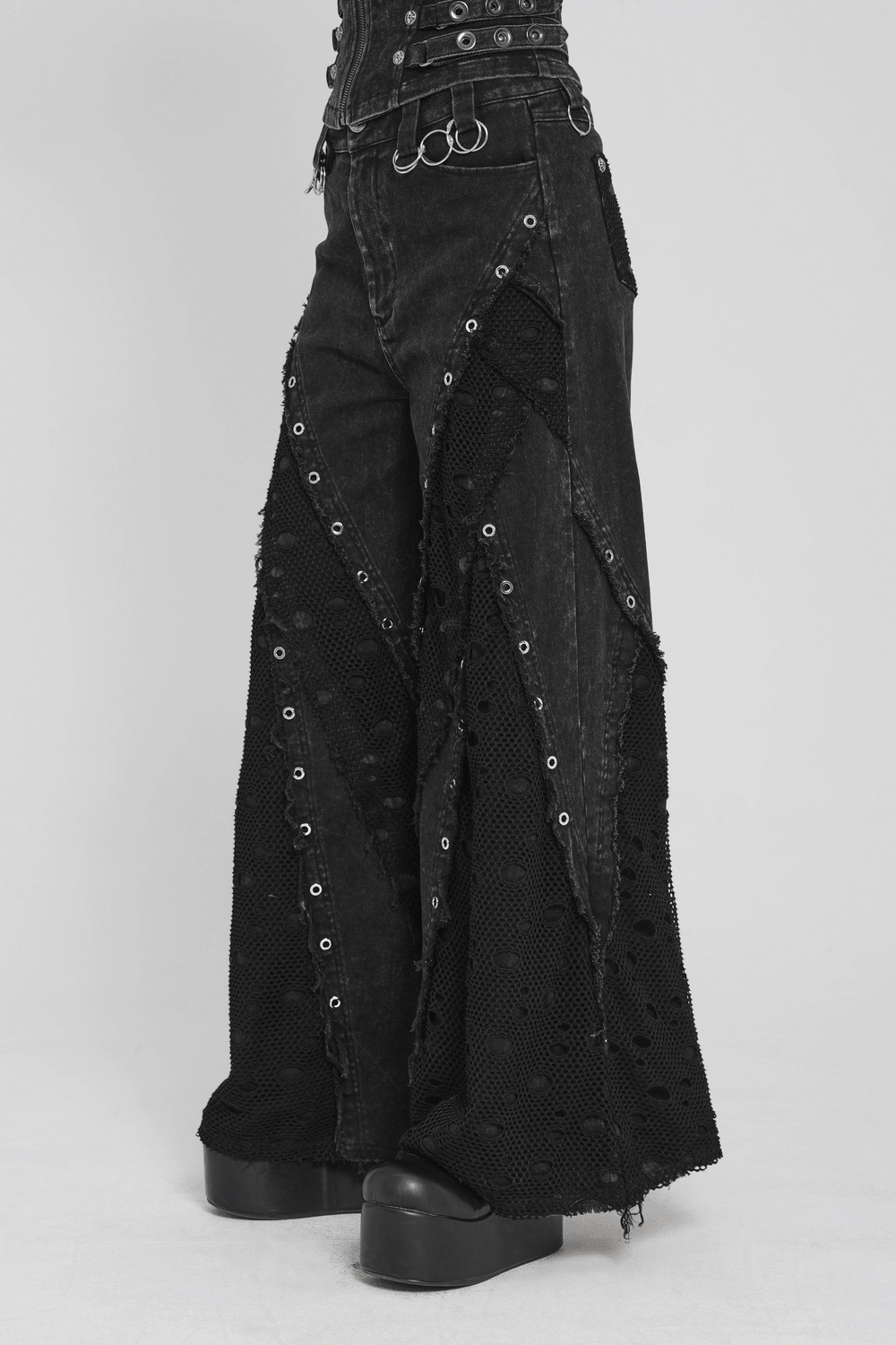 Punk Wide Leg Jeans with Distressed Mesh Panels featuring raw edges and eyelet details, perfect for edgy streetwear.