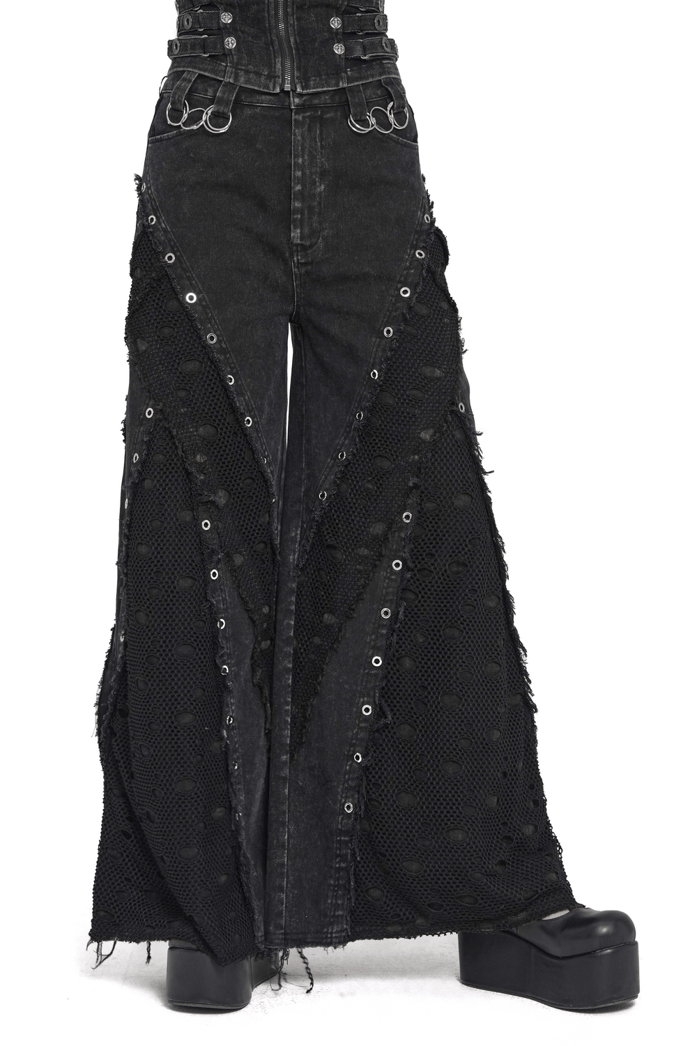 Punk Wide Leg Jeans with Distressed Mesh Panels featuring eyelet ring details and raw edge trims for a stylish streetwear look.