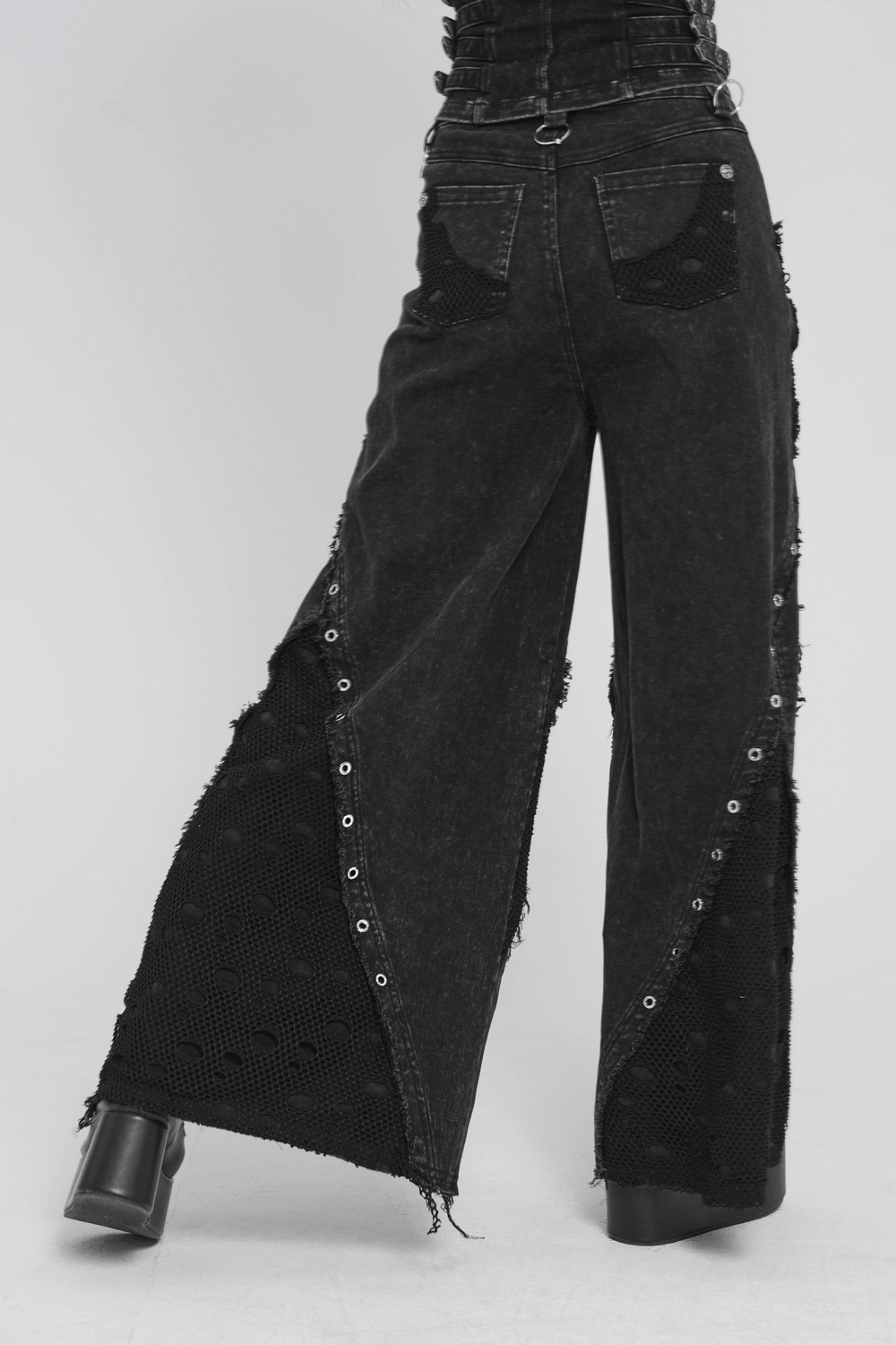 Punk Wide Leg Jeans with Distressed Mesh Panels featuring eyelet ring details and raw edge trims.