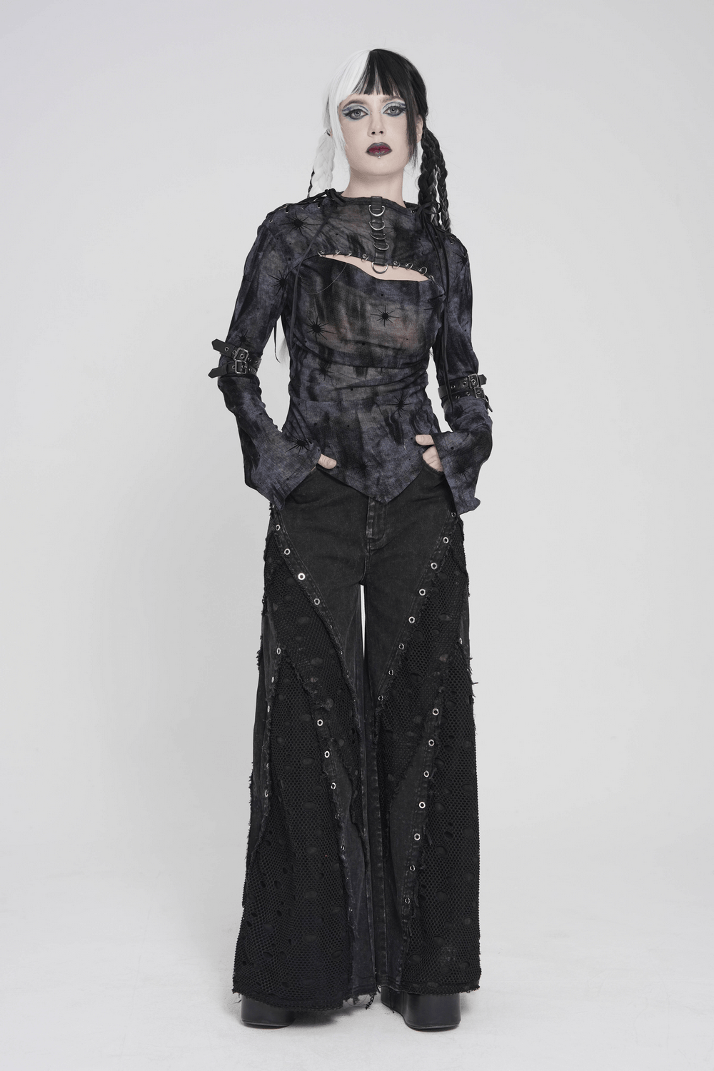 Punk Wide Leg Jeans with Distressed Mesh Panels styled with a gothic top and edgy accessories.