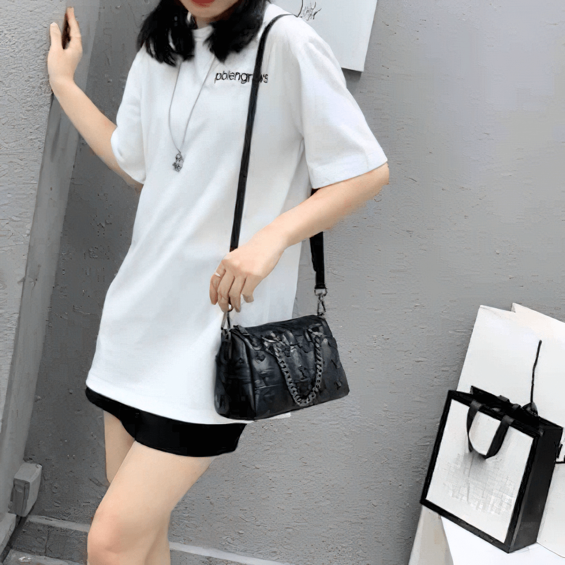 Punk Women's Bag with Rivets / Fashion Patchwork Handbag with Chain - HARD'N'HEAVY