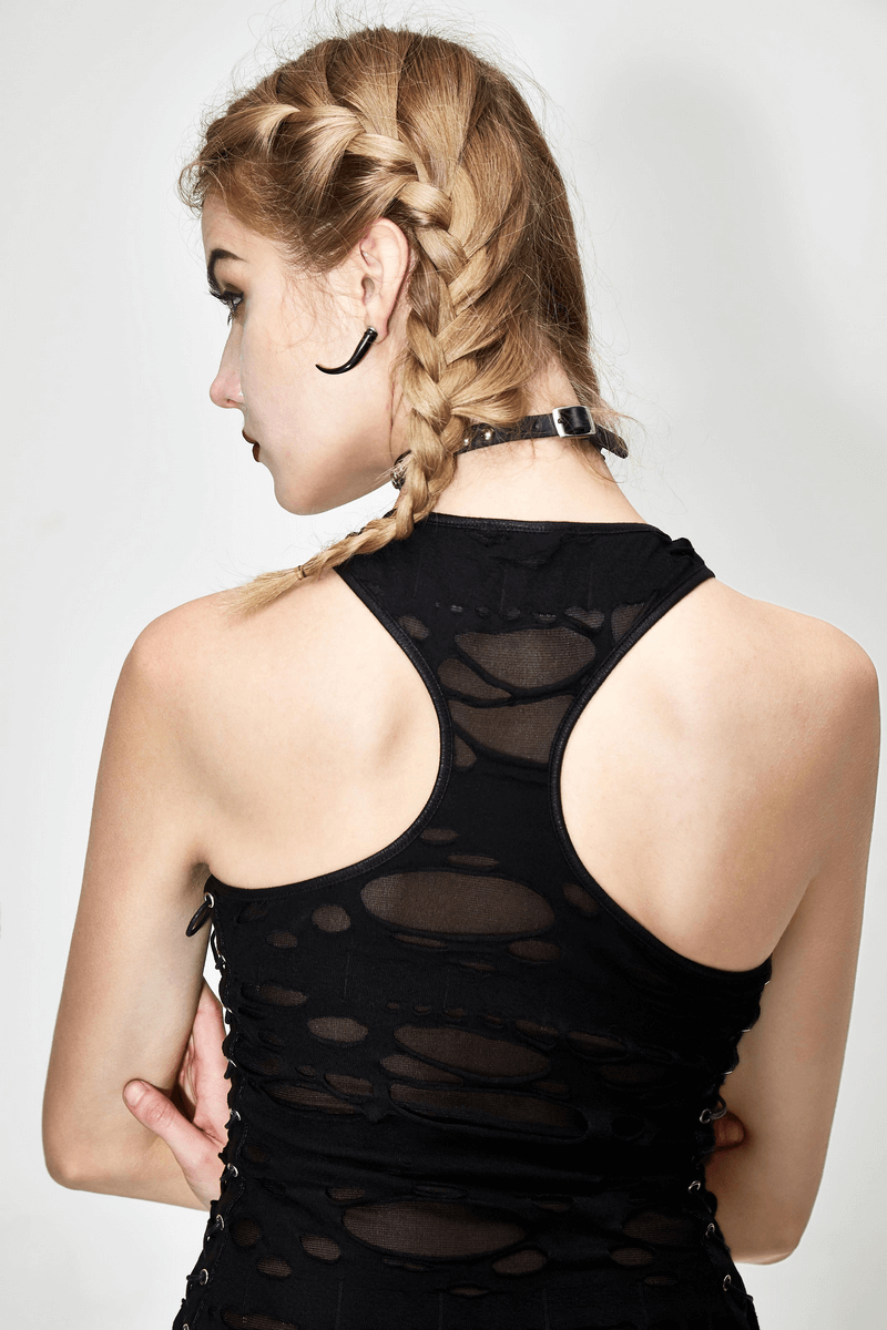 Back view of a model in a black punk tank top with irregular holes and lace-up sides, showcasing its edgy style.