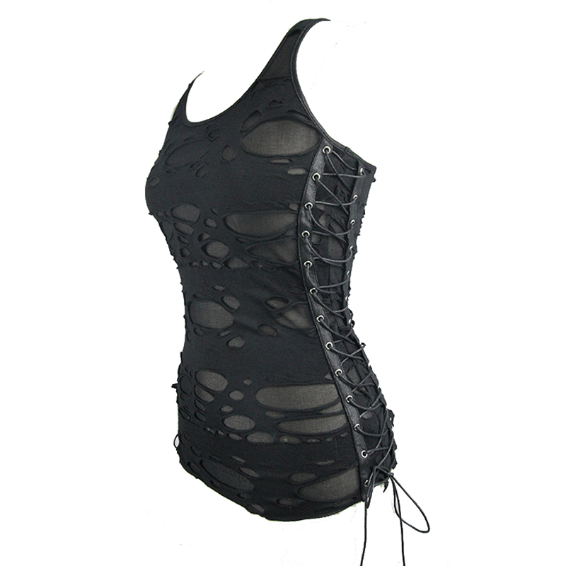 Punk women's black tank top with irregular holes and lace-up sides for edgy gothic fashion.